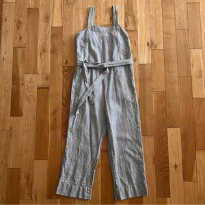 EVERLANE Linen Square-Neck Belted Jumpsuit Striped Gray and White Size 4